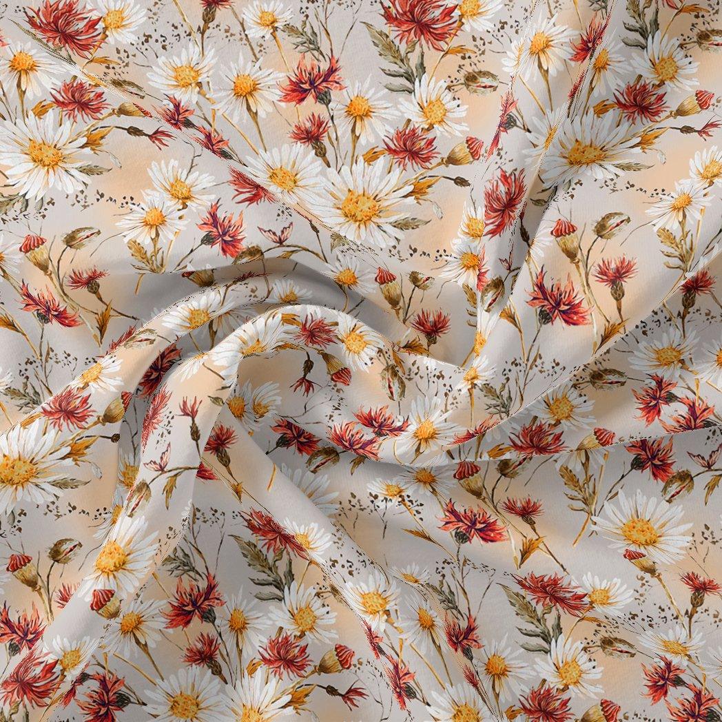 Daisy Branch Of White Flower Digital Printed Fabric - Kora Silk - FAB VOGUE Studio®
