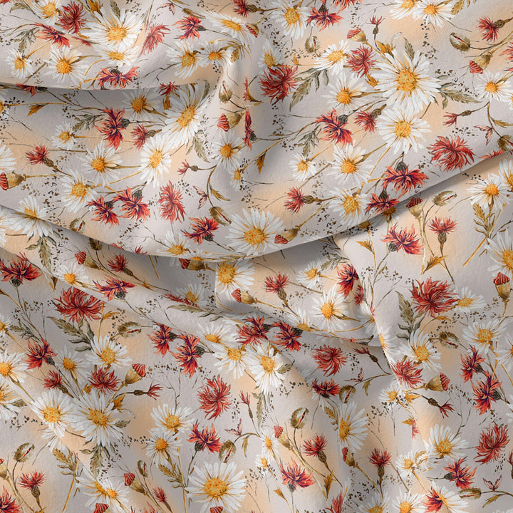Daisy Branch Of White Flower Digital Printed Fabric - Kora Silk - FAB VOGUE Studio®