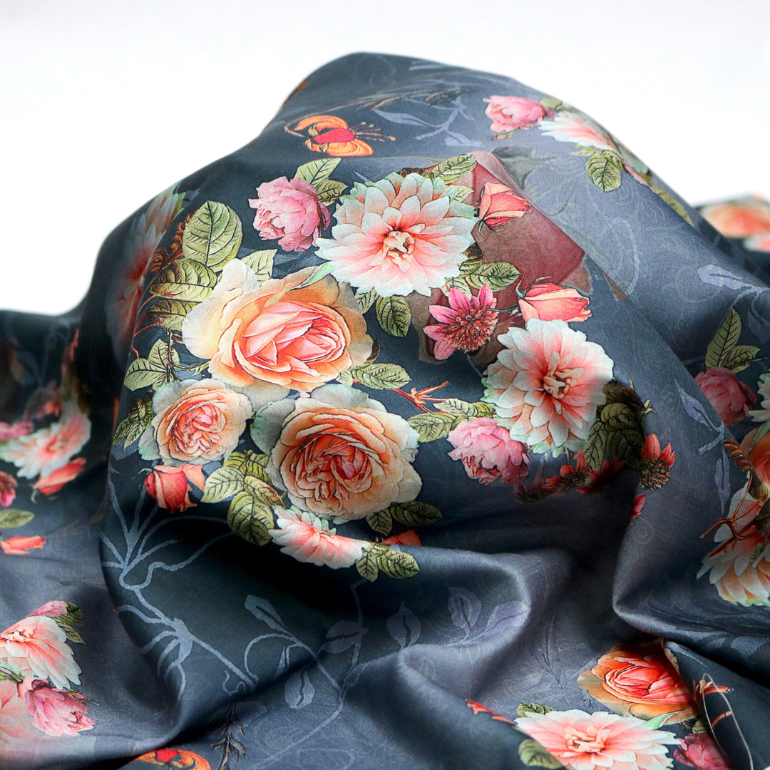 Blue Flower Digital Printed Kora Silk Fabric - FAB VOGUE Studio®