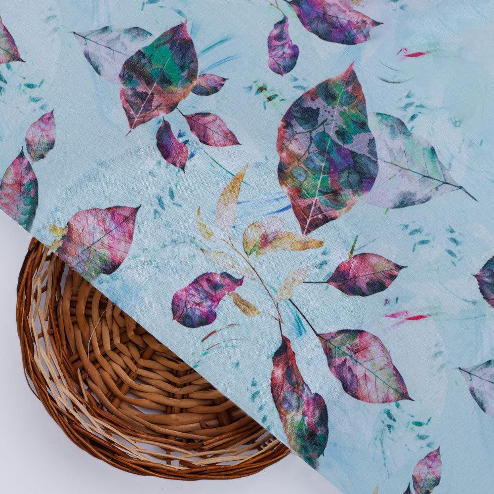 Watercolour Autumnal Leaves With Green Sprinkle Digital Printed Fabric - Kora Silk - FAB VOGUE Studio®