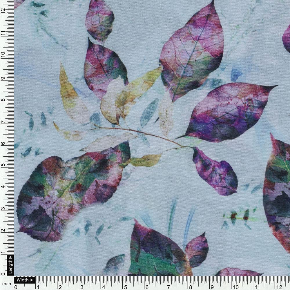 Watercolour Autumnal Leaves With Green Sprinkle Digital Printed Fabric - Kora Silk - FAB VOGUE Studio®