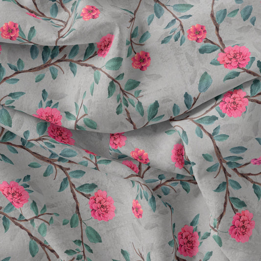 Pink Flower And Branch Digital Printed Fabric - Kora Silk - FAB VOGUE Studio®