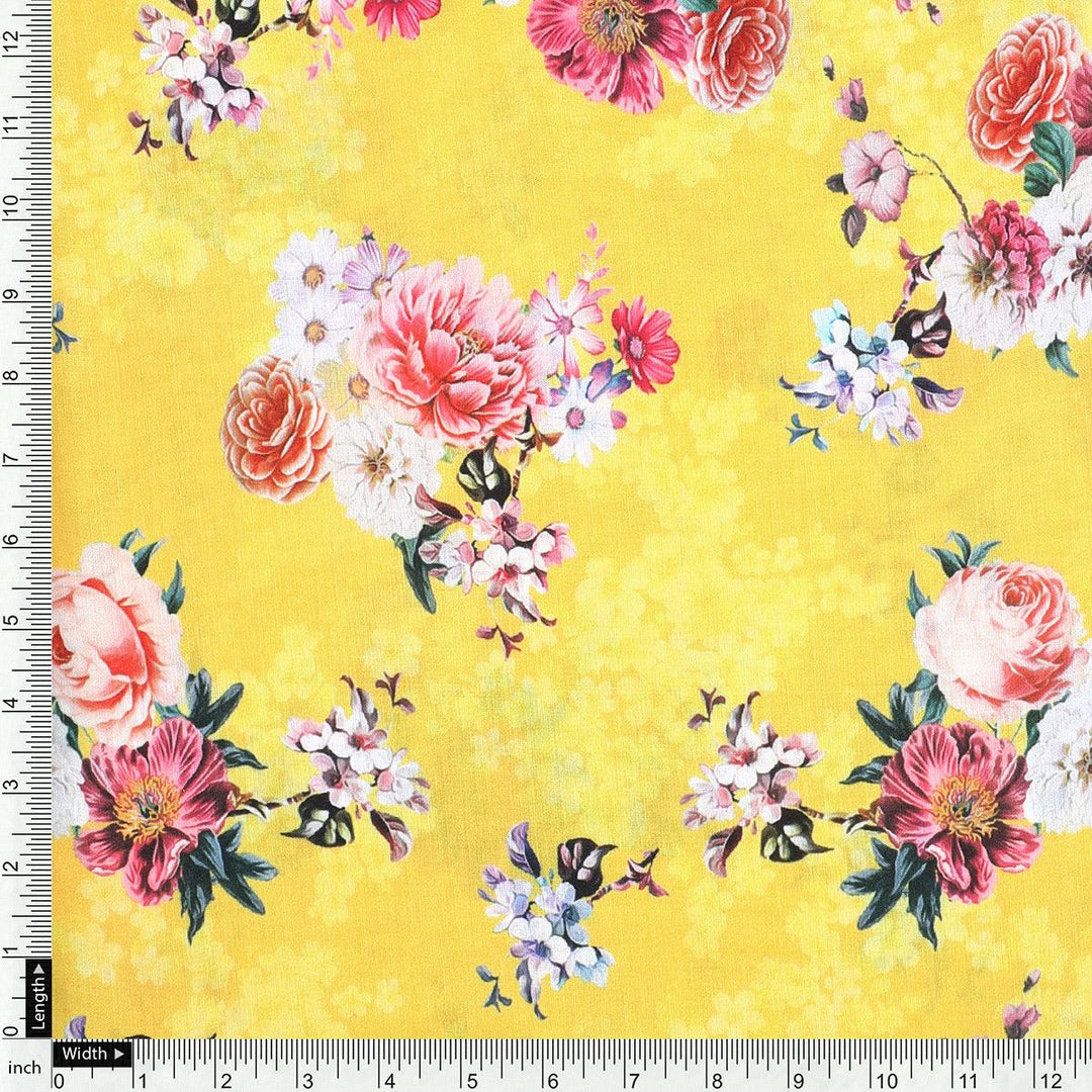 Beautiful Yellow Base Floral Bunch Digital Printed Fabric - FAB VOGUE Studio®