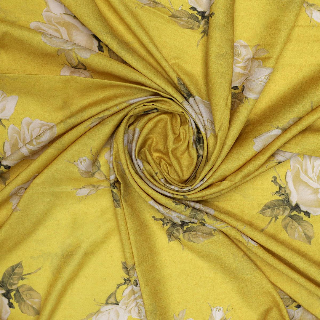 Lemon Yellow Flower Allover Digital Printed Fabric - Kora Silk - FAB VOGUE Studio®