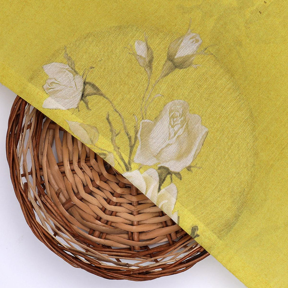 Lemon Yellow Flower Allover Digital Printed Fabric - Kora Silk - FAB VOGUE Studio®