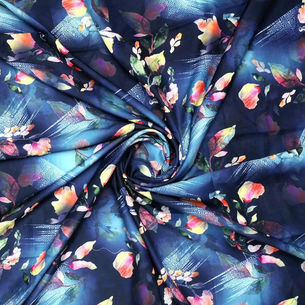 Little Leaves Petals With Blue background Digital Printed Fabric - Kora Silk – ks 0 ta07145p6 110 little leaves petals with blue background digital printed fabric kora silk 1