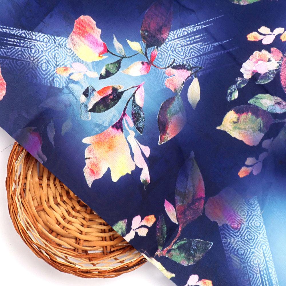 Little Leaves Petals With Blue background Digital Printed Fabric - Kora Silk - FAB VOGUE Studio®