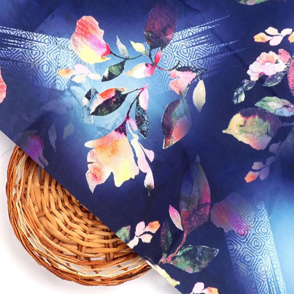 Little Leaves Petals With Blue background Digital Printed Fabric - Kora Silk – ks 0 ta07145p6 110 little leaves petals with blue background digital printed fabric kora silk 2