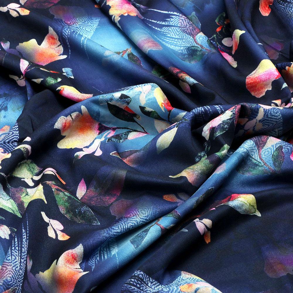Little Leaves Petals With Blue background Digital Printed Fabric - Kora Silk - FAB VOGUE Studio®