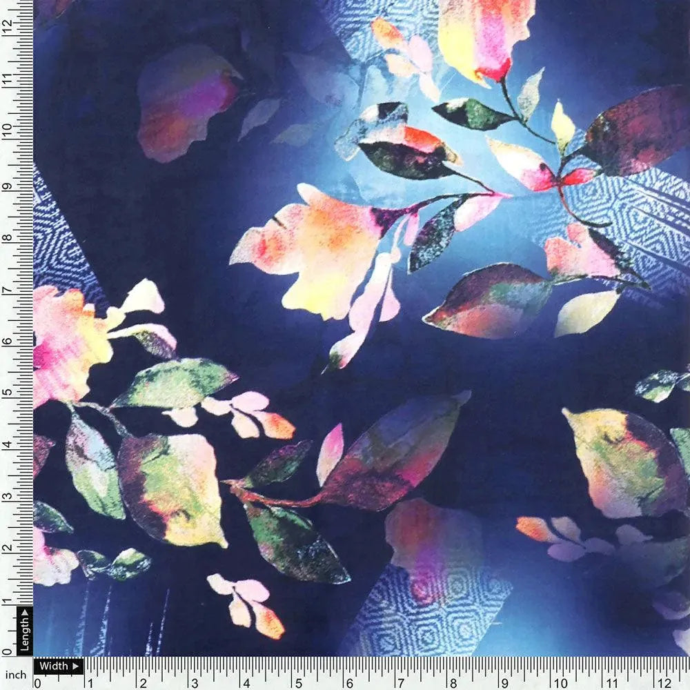 Little Leaves Petals With Blue background Digital Printed Fabric - Kora Silk – ks 0 ta07145p6 110 little leaves petals with blue background digital printed fabric kora silk 4