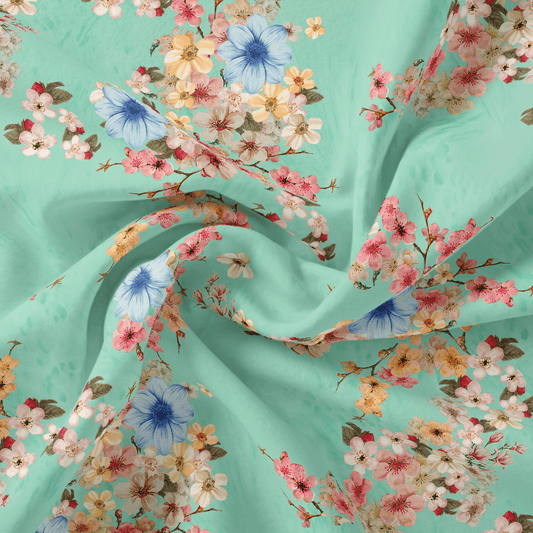 Lovely Geranium Flower Digital Printed Fabric - Kora Silk - FAB VOGUE Studio®