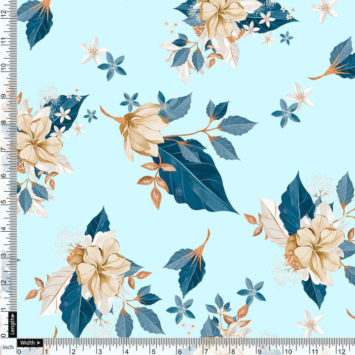 Flower On Ocean Blue Digital Printed Fabric - Kora Silk - FAB VOGUE Studio®