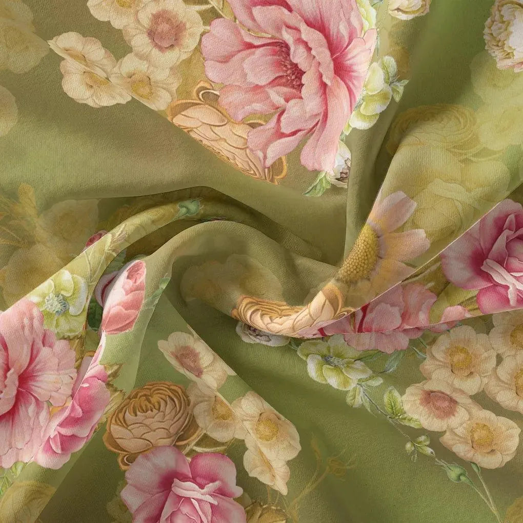 Pink Rose On Green Palate Digital Printed Fabric  - Kora Silk – ks 0 ta07237p4 110 pink rose on green palate digital printed fabric kora silk 1