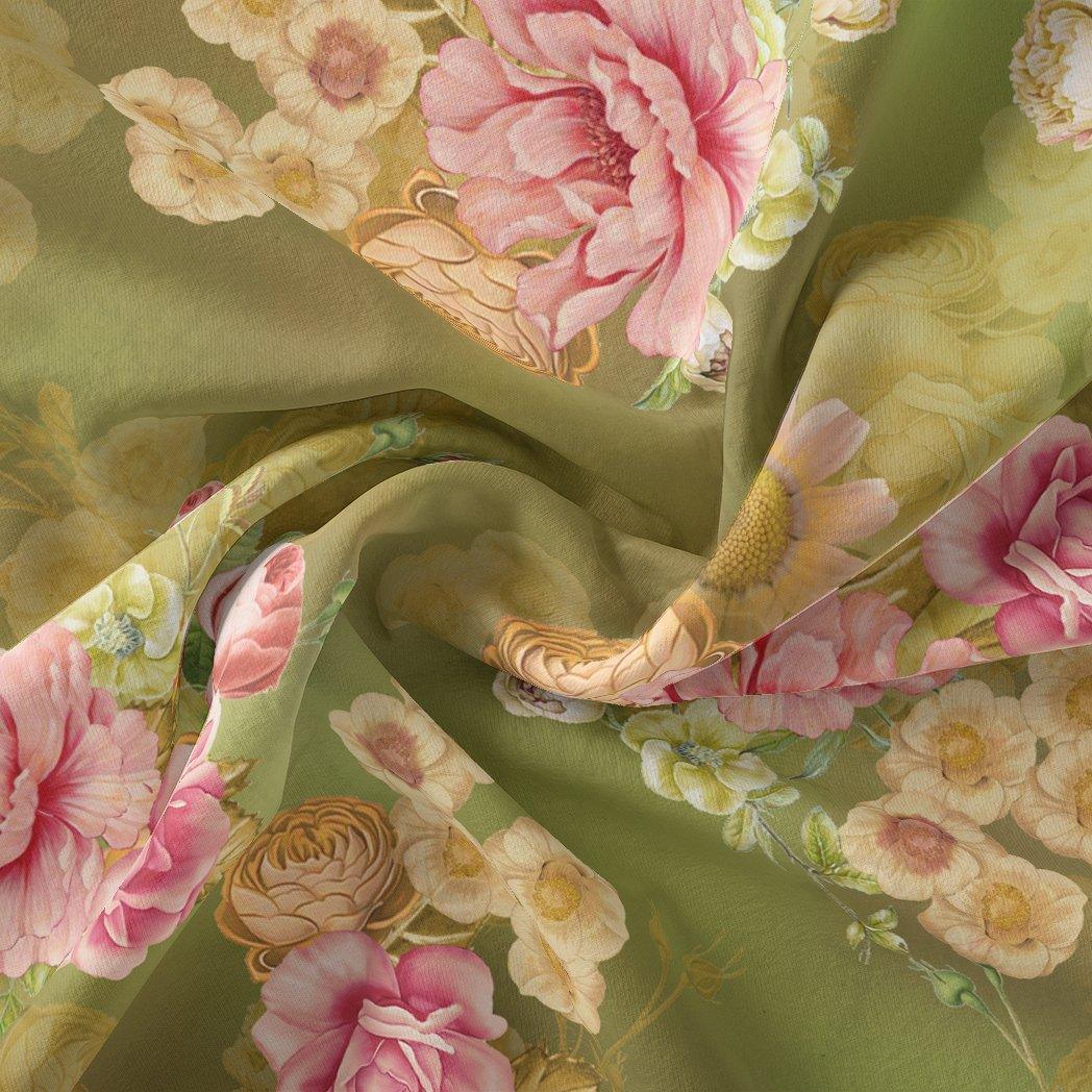 Pink Rose On Green Palate Digital Printed Fabric - Kora Silk - FAB VOGUE Studio®