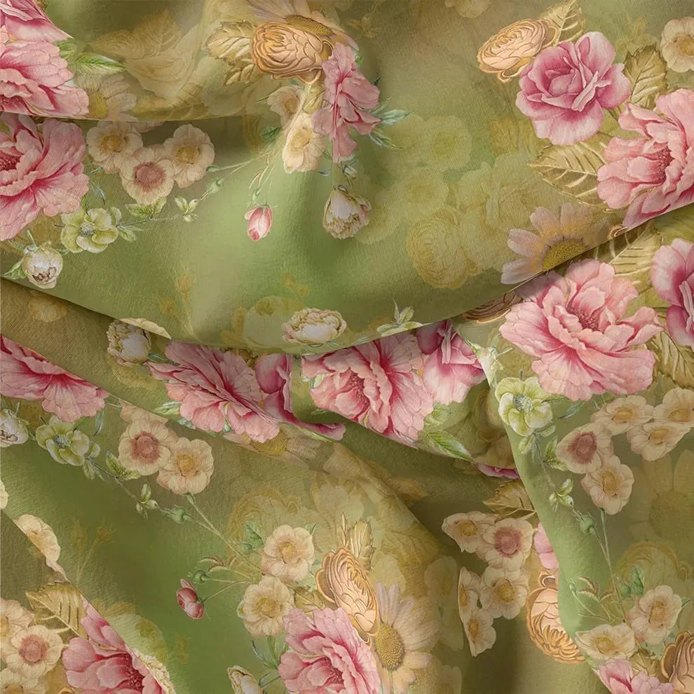 Pink Rose On Green Palate Digital Printed Fabric  - Kora Silk – ks 0 ta07237p4 110 pink rose on green palate digital printed fabric kora silk 3