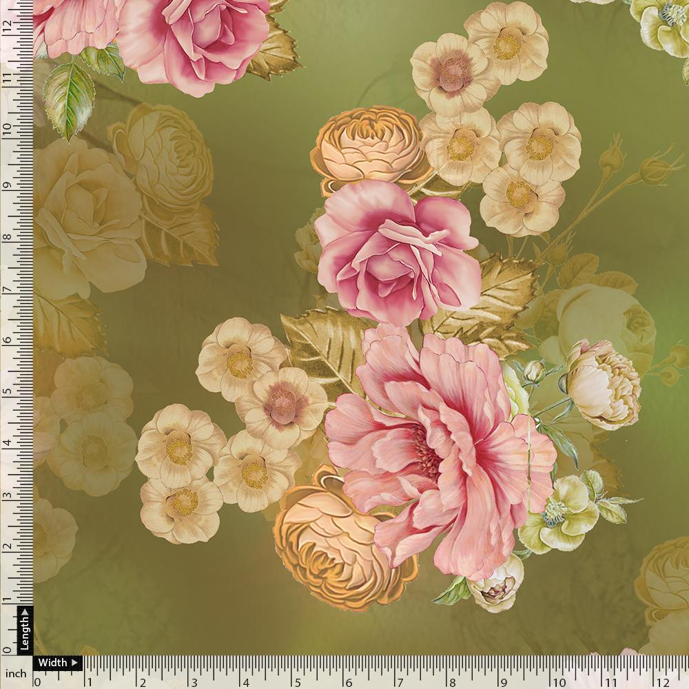 Pink Rose On Green Palate Digital Printed Fabric  - Kora Silk – ks 0 ta07237p4 110 pink rose on green palate digital printed fabric kora silk 4