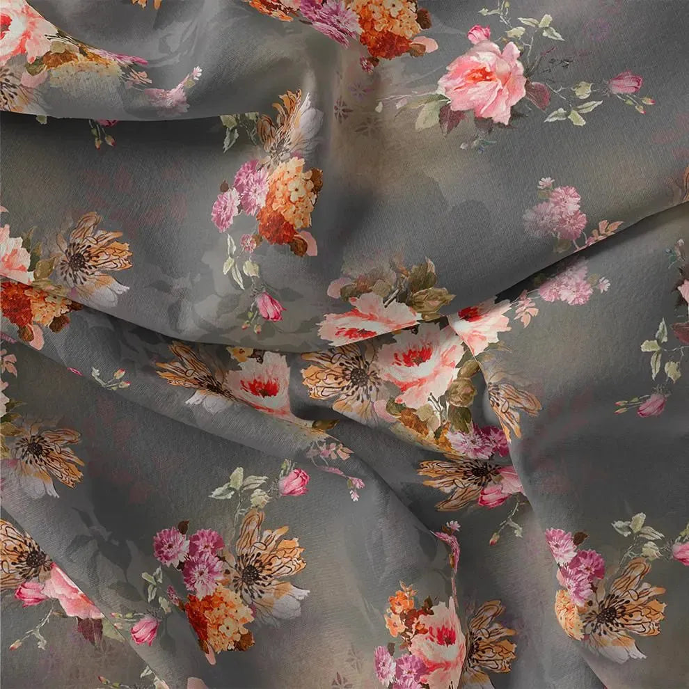 Painted Flower Bunch On Grey Palate Digital Printed Fabric  - Kora Silk – ks 0 ta07309p3 110 painted flower bunch on grey palate digital printed fabric kora silk 1