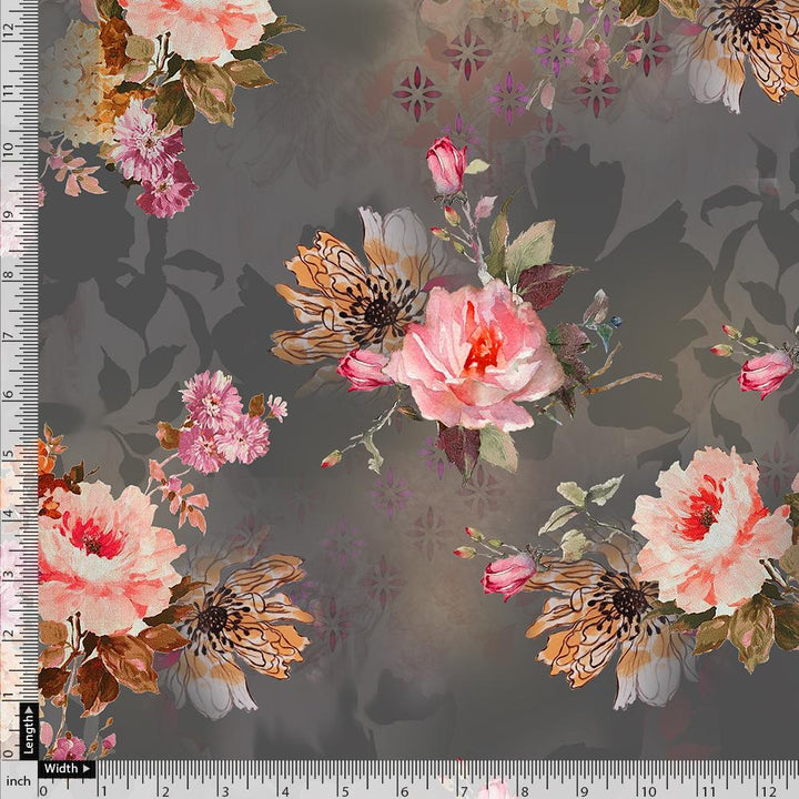 Painted Flower Bunch On Grey Palate Digital Printed Fabric - Kora Silk - FAB VOGUE Studio®
