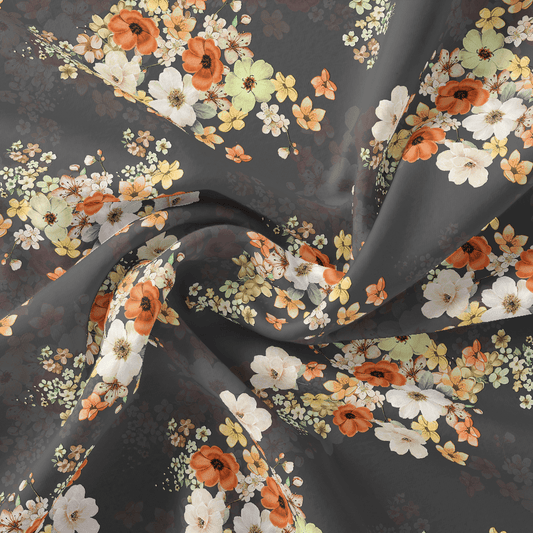 Multicolour Orchid Flower With Grey Background Digital Printed Fabric - Kora Silk - FAB VOGUE Studio®