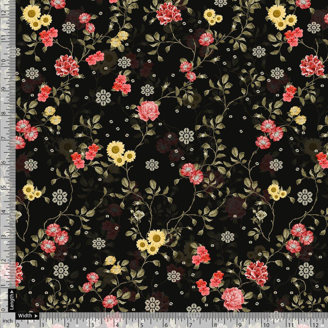 Beautiful Calico Flower With Branch Digital Printed Fabric - Kora Silk - FAB VOGUE Studio®