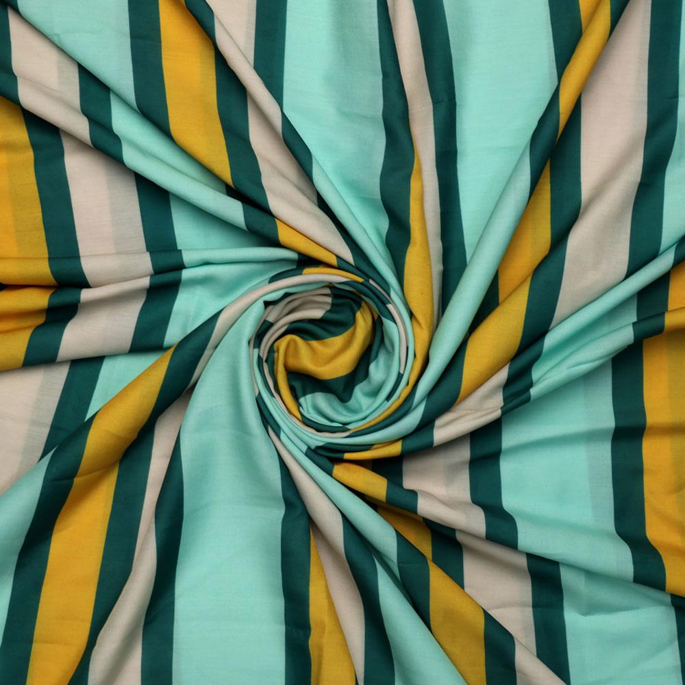Green And Yellow Stripes Combo Digital Printed Fabric - Kora Silk - FAB VOGUE Studio®