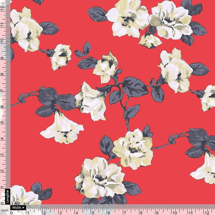 Red And White Flower Digital Printed Fabric - Kora Silk - FAB VOGUE Studio®