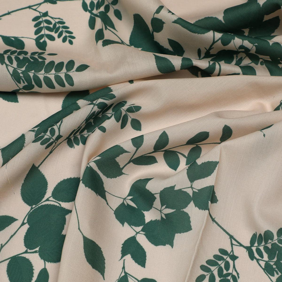 Olive Stalk And Leaves Digital Printed Fabric - Kora Silk - FAB VOGUE Studio®