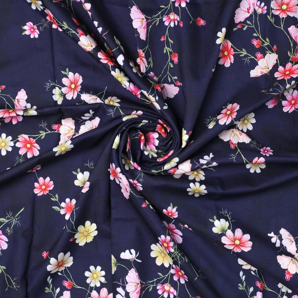 Tiny Colorfull Orchids Floral With Blue Background Digital Printed Fabric - Kora Silk – ks 0 ta07814p1 110 tiny colorfull orchids floral with blue background digital printed fabric kora silk 1