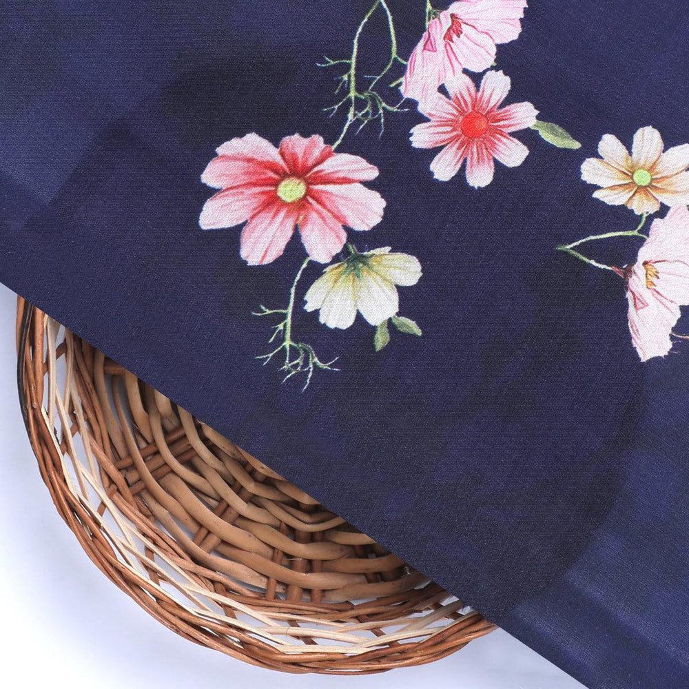 Tiny Colorfull Orchids Floral With Blue Background Digital Printed Fabric - Kora Silk - FAB VOGUE Studio®