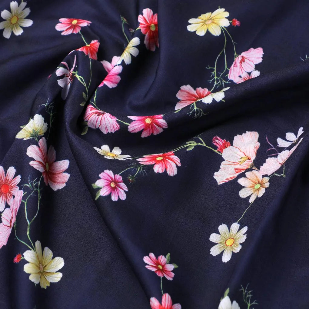 Tiny Colorfull Orchids Floral With Blue Background Digital Printed Fabric - Kora Silk – ks 0 ta07814p1 110 tiny colorfull orchids floral with blue background digital printed fabric kora silk 3