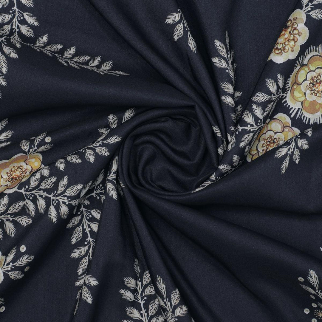 Embroidery Flower And Buds Digital Printed Fabric - Kora Silk - FAB VOGUE Studio®