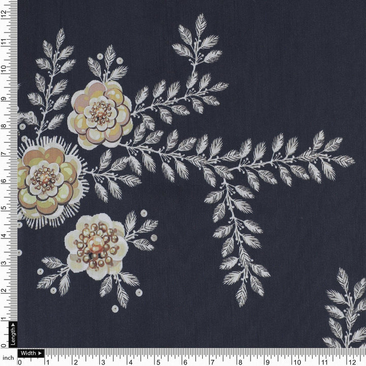 Embroidery Flower And Buds Digital Printed Fabric - Kora Silk - FAB VOGUE Studio®