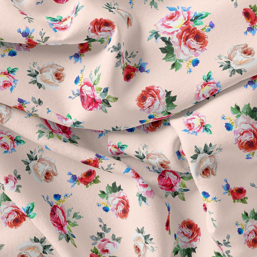 Exotic Blooms Water Color Cream Rose Digital Printed Fabric - Kora Silk - FAB VOGUE Studio®