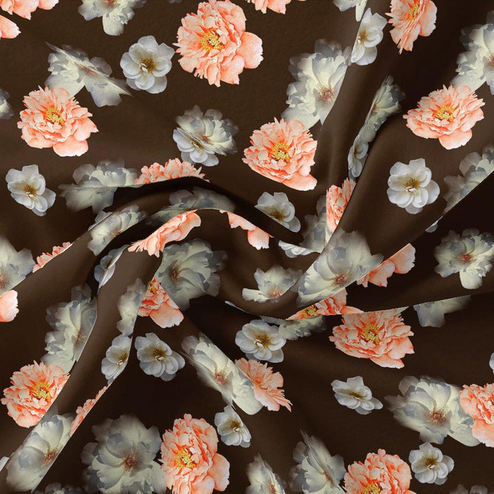Blooming Orange Roses With Grey Digital Printed Fabric - Kora Silk - FAB VOGUE Studio®
