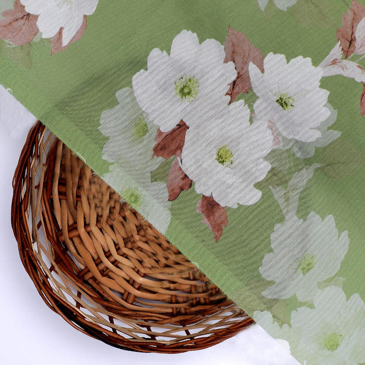 Lovely White Rose Digital Printed Fabric - Kora Silk - FAB VOGUE Studio®