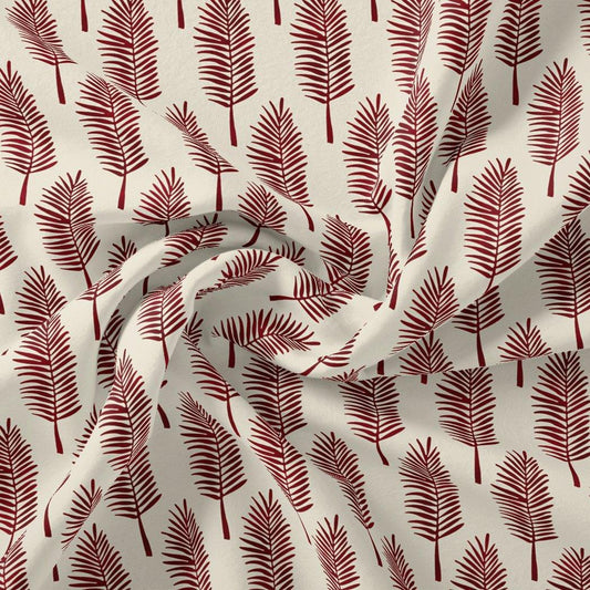 Red Pedate Leafs Digital Printed Fabric - Kora Silk - FAB VOGUE Studio®