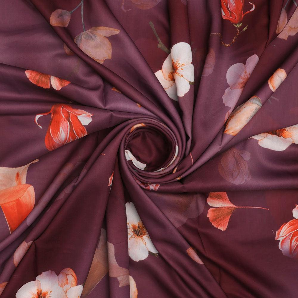 Shiny Red Tulip With Cherry Blossom Flower Digital Printed Fabric - Kora Silk - FAB VOGUE Studio®