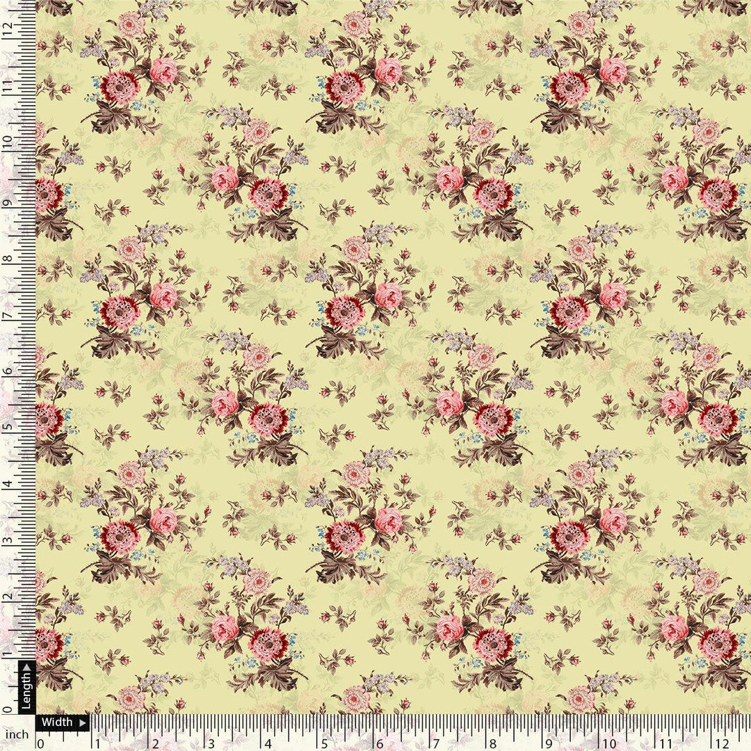 Chrysanthemum And Roses Bunch Digital Printed Fabric - Kora Silk - FAB VOGUE Studio®