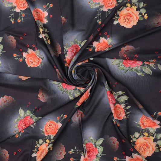 Most Trending Oranges With Red Rose Digital Printed Fabric - Kora Silk - FAB VOGUE Studio®