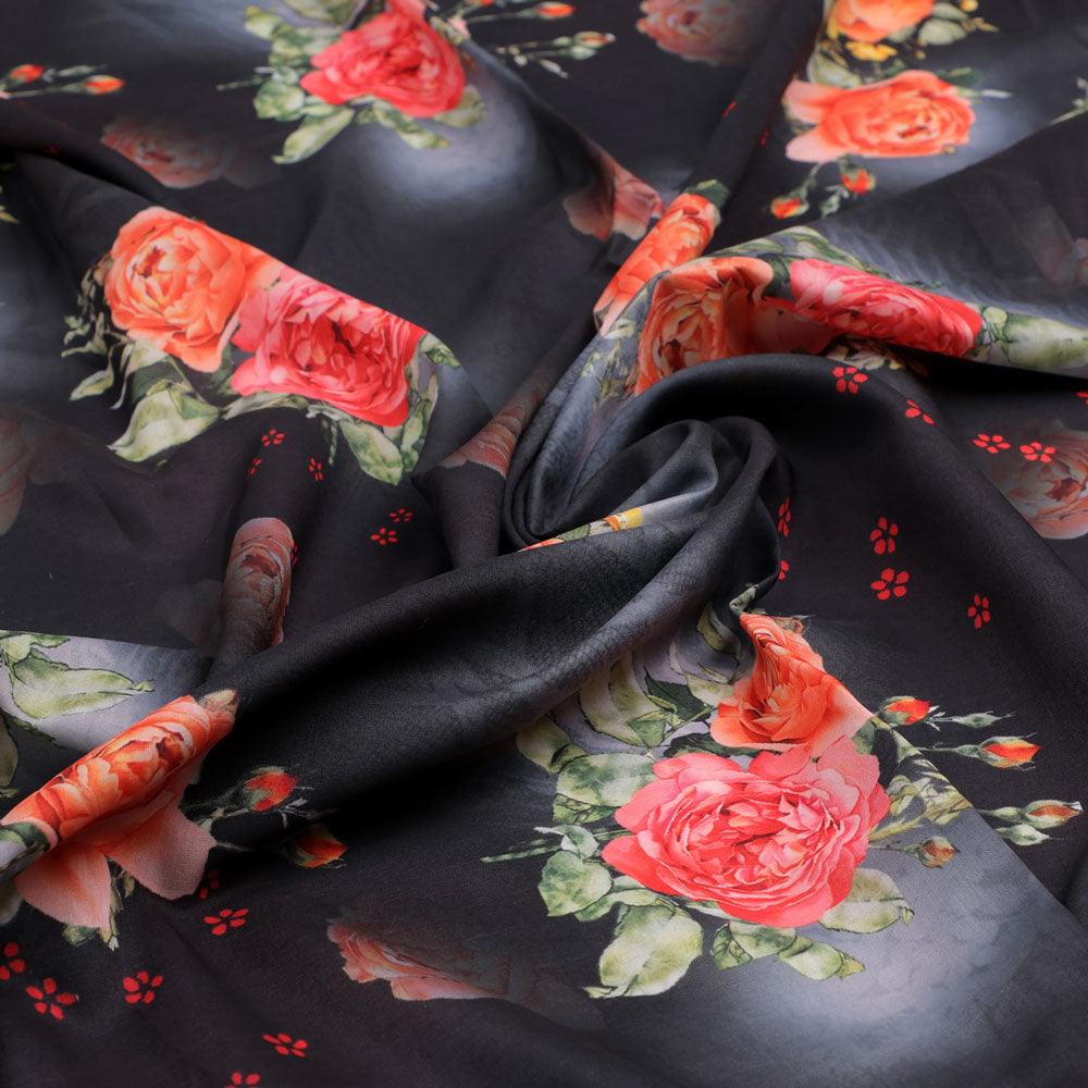 Most Trending Oranges With Red Rose Digital Printed Fabric - Kora Silk - FAB VOGUE Studio®