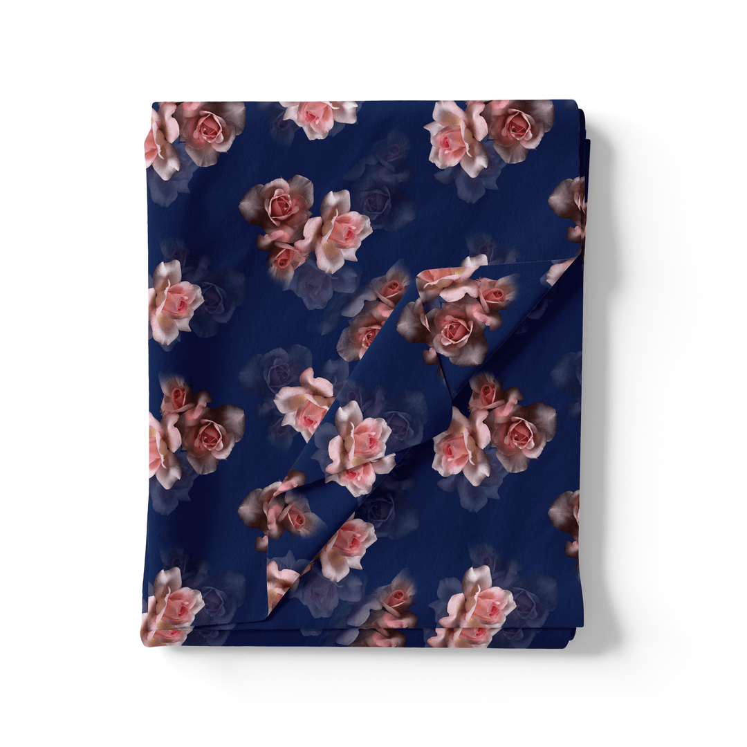 Valvet Blue Background With Creamy Roses Digital Printed Fabric - Kora Silk - FAB VOGUE Studio®