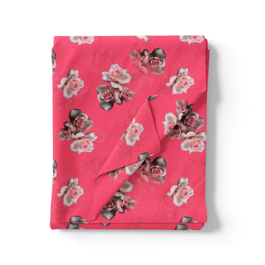 Pinkish Background With Valvet Roses Digital Printed Fabric - Kora Silk - FAB VOGUE Studio®