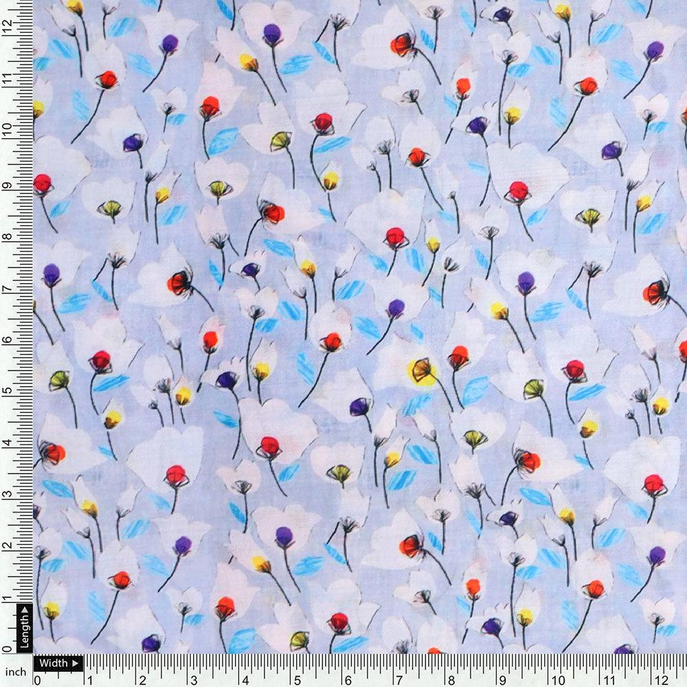 Winter White Flower Print Digital Printed Fabric - Kora Silk - FAB VOGUE Studio®