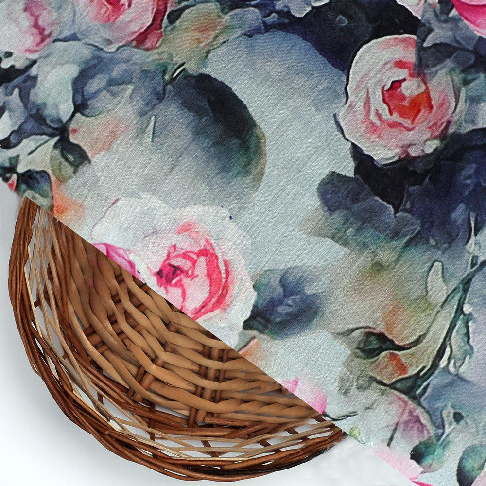 Pink And Peach Rose Allover Digital Printed Fabric - Kora Silk - FAB VOGUE Studio®