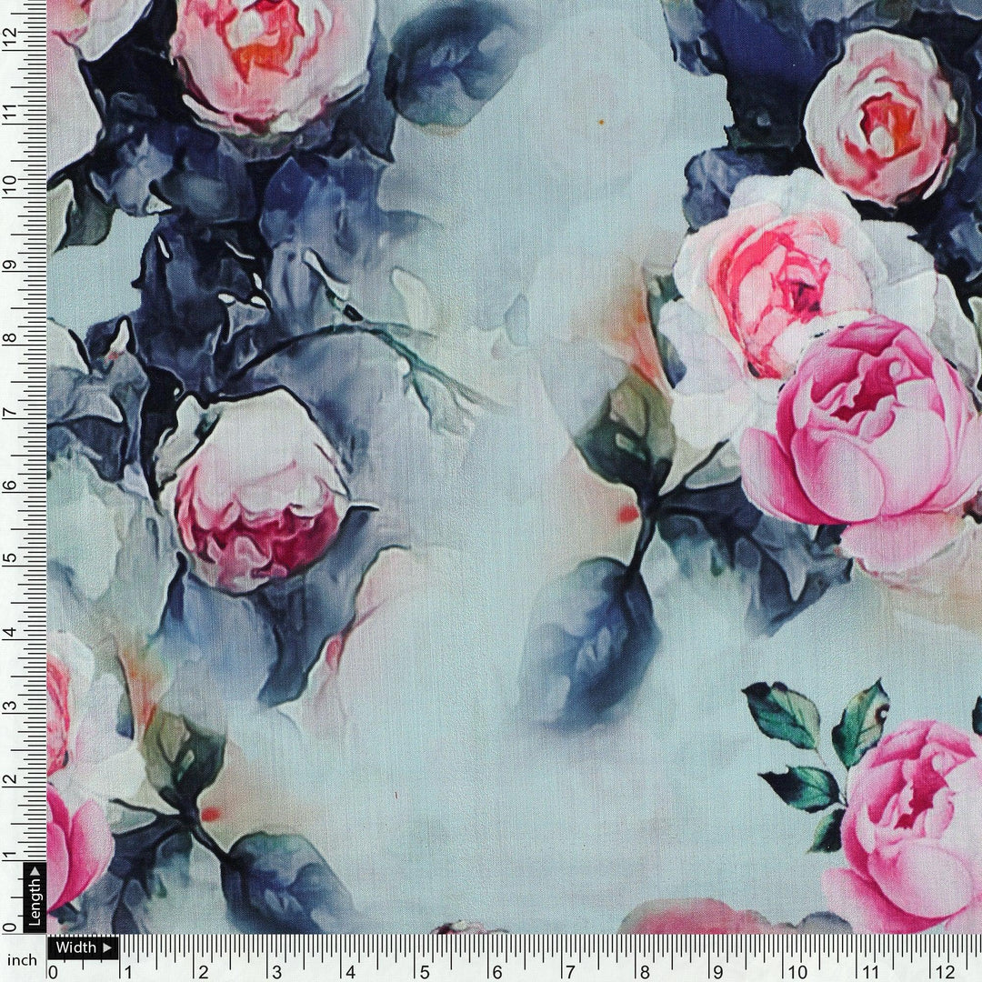 Pink And Peach Rose Allover Digital Printed Fabric - Kora Silk - FAB VOGUE Studio®