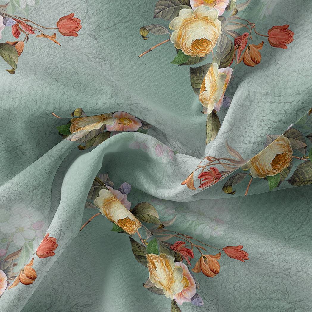 Yellow Flower Repeat Digital Printed Fabric - Kora Silk - FAB VOGUE Studio®