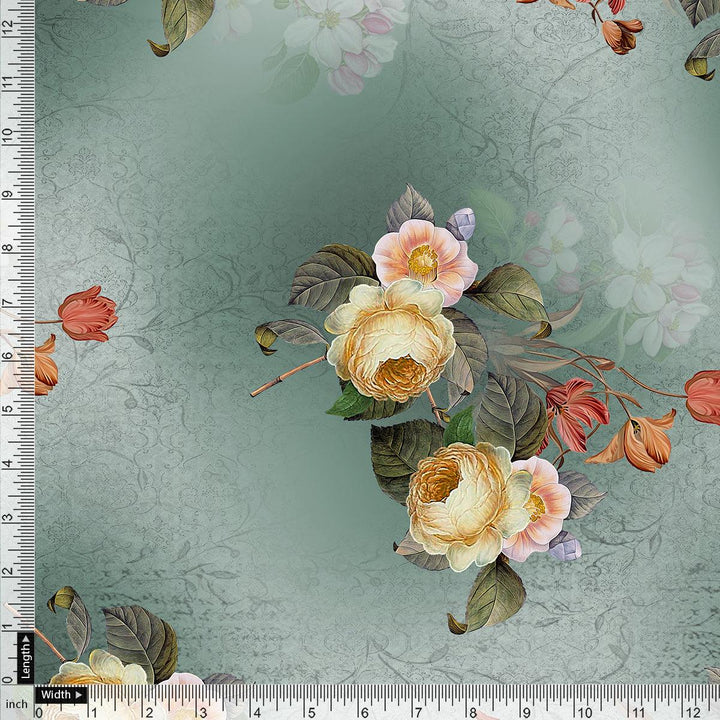 Yellow Flower Repeat Digital Printed Fabric - Kora Silk - FAB VOGUE Studio®