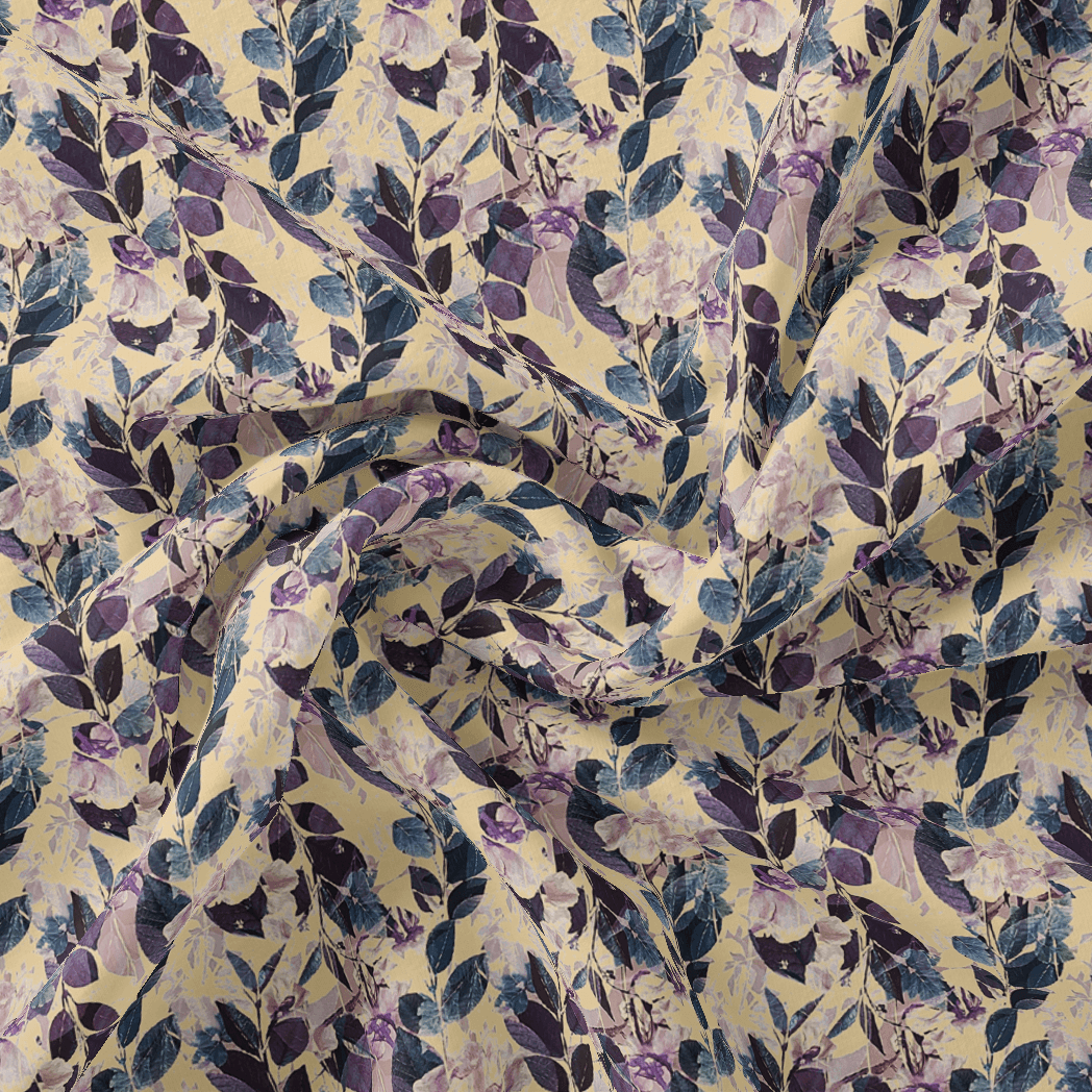 Purple Leaves Linen Printed Fabric Material - FAB VOGUE Studio®