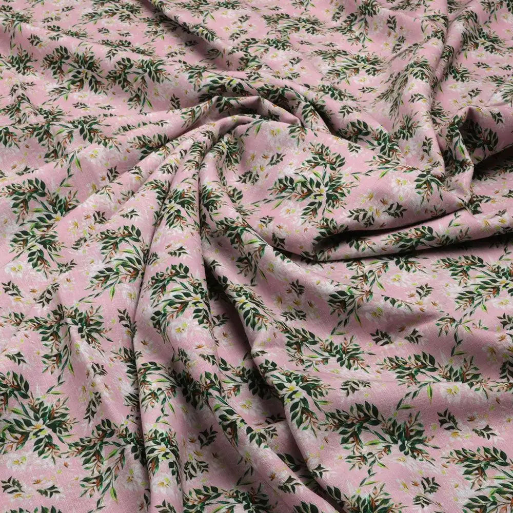 Pink Leaves Linen Printed Fabric Material – li 0 ma014006 110 pink leaves linen printed fabric material 1