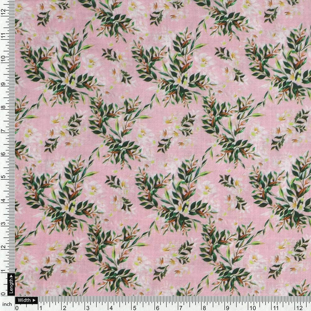 Pink Leaves Linen Printed Fabric Material - FAB VOGUE Studio®